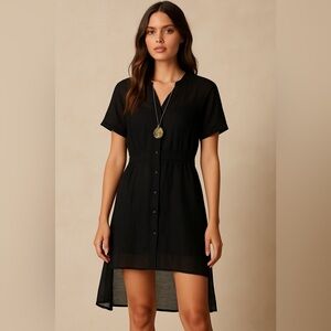 Da-Nang Button Down Tunic Top Black Semi Sheer Shirtdress High Low Dress